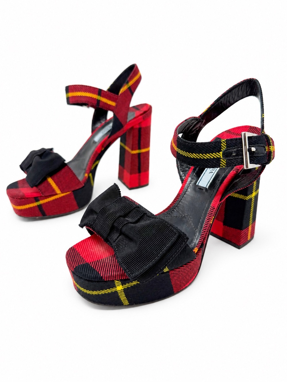Prada Red Tartan Bow Plaid Platform Block Heel Sandals EU 36